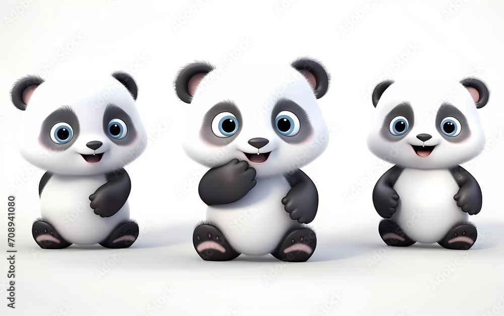 collection of 3d illustrations of cute cartoon polar panda cubs, in various styles, on a white background. generative ai