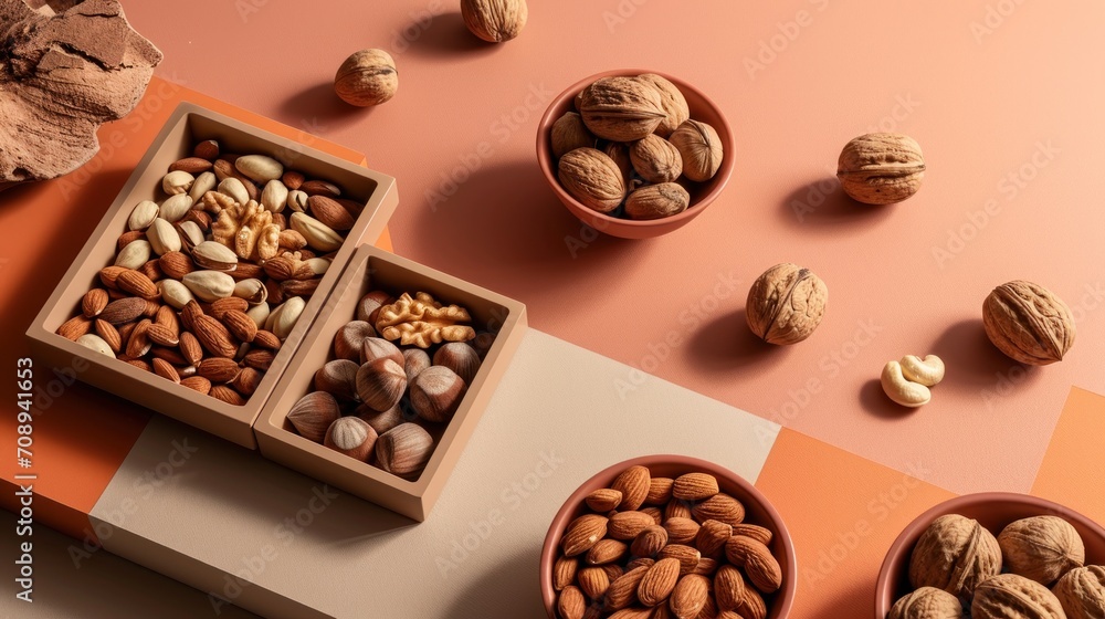 a variety of nuts and nutshells in bowls on an orange and pink table with an orange and white checkered tablecloth and a pink and orange background. a variety of nuts and nutshells in bowls on an orange and pink table with an orange and white checkered tablecloth and a pink and orange background.