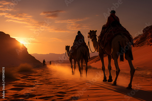 Camel caravan with people walking on sand dunes in the desert.