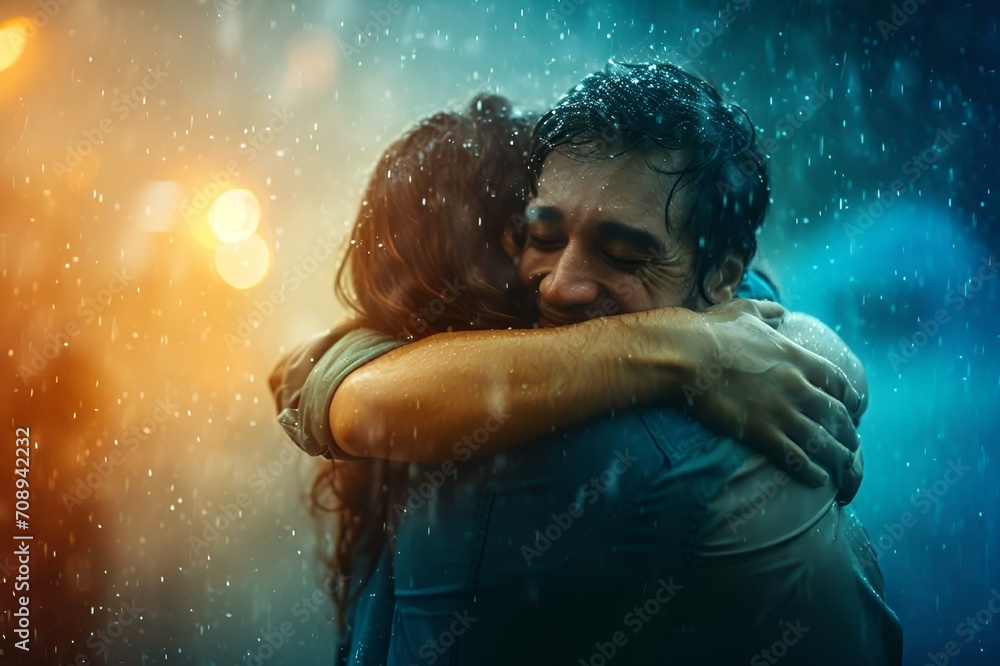 AI generated illustration of a man hugging a woman in the rain