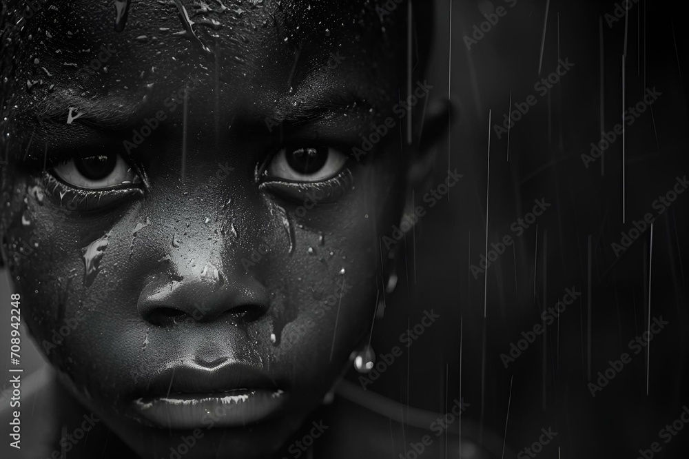 AI generated illustration of a young African boy in the rain in grayscale AI generated illustration of a young African boy in the rain in grayscale