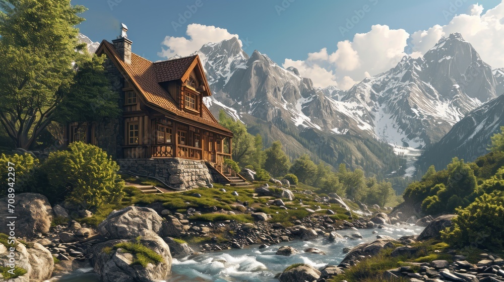  a painting of a house in the mountains with a stream running through the foreground and a mountain range in the background with a stream running through the foreground.