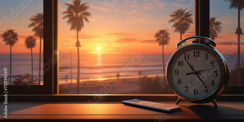Embracing Limited Time: Visualizing the Concept with a Retro Alarm Clock on a Tropical Beach - Countdown to a Serene Summer Morning by the Ocean