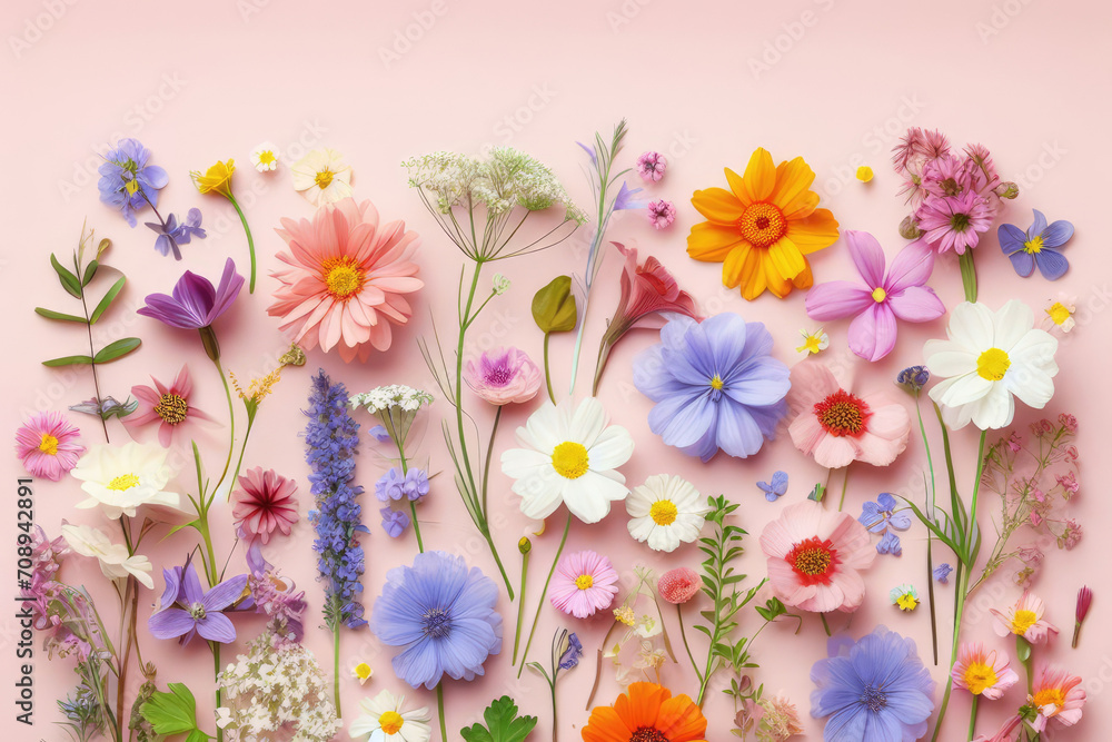 Herbarium wildflowers on pink paper background, vibrant colored flowers bouquet, background floral