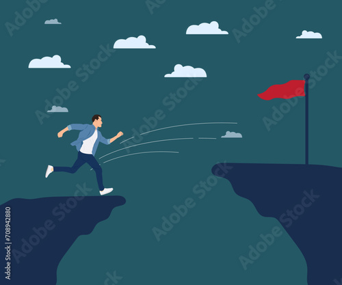 Determined young man running to jump off a steep cliff to conquer victory or finish line goal. Success concept vector illustration.