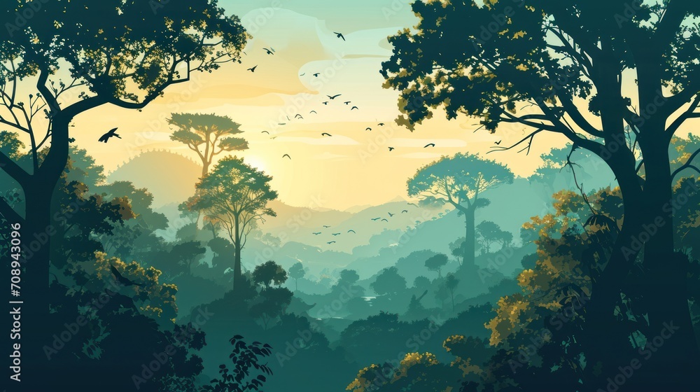 a painting of a forest at sunset with birds flying over the trees and the sun shining through the trees and the sun shining down on the tops of the trees. a painting of a forest at sunset with birds flying over the trees and the sun shining through the trees and the sun shining down on the tops of the trees.