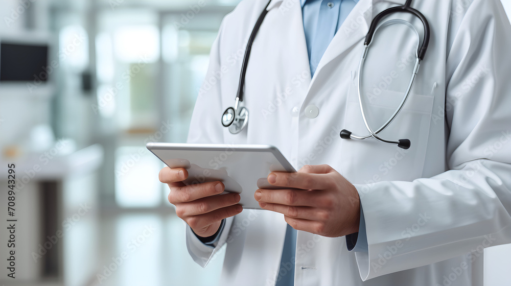 Doctor with tablet in white coat doing a medical examination in the hospital. Healthcare concept, healthcare professional and medical technology. Doctor with tablet in white coat doing a medical examination in the hospital. Healthcare concept, healthcare professional and medical technology.