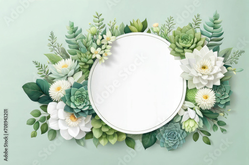 Green background with spring floral succulents with round frame. Design templates for postcard, poster, business card, flyer, magazine, social media post, banner, wedding invitation photo