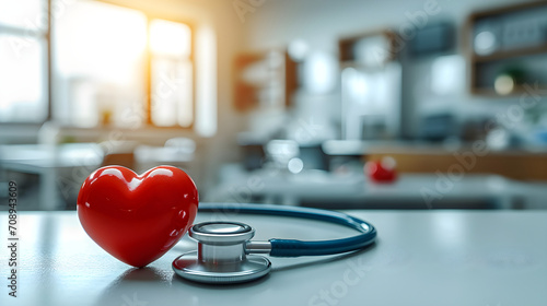 Heart and stethoscope on a doctor's office table. Health concept, health and medicine, health day, heart health and cardiology.