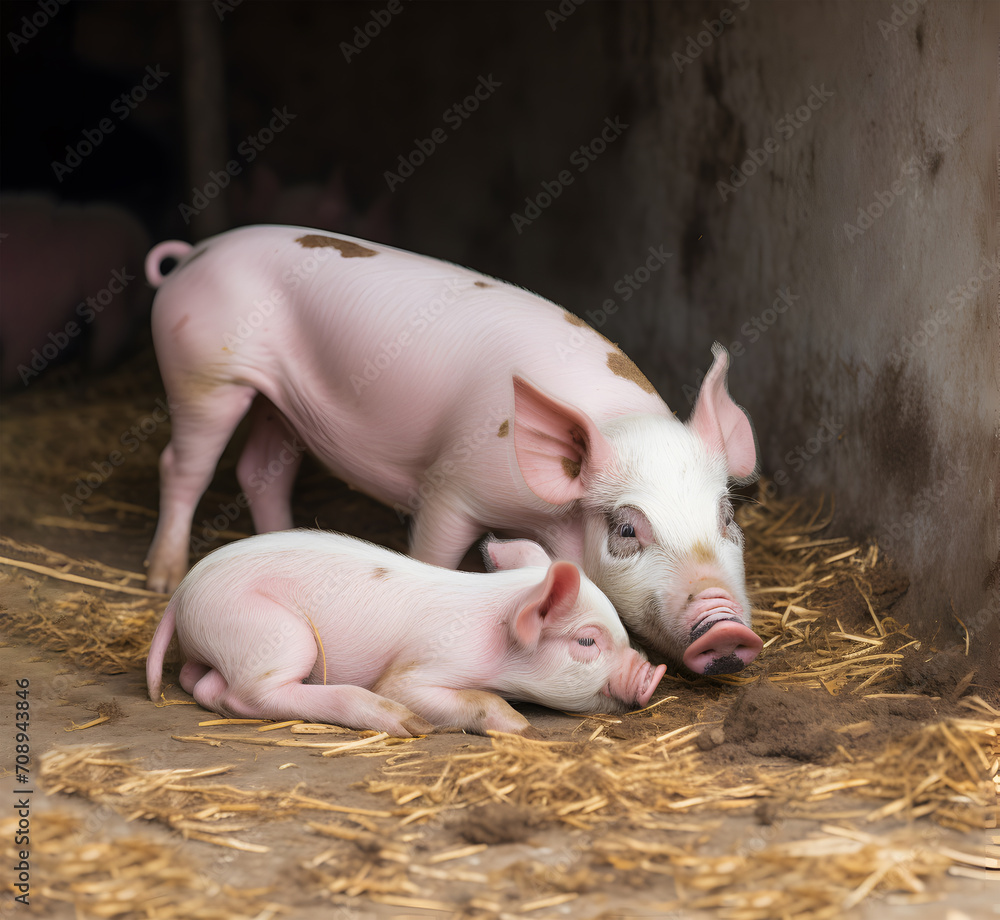 Fototapeta premium Pig with small pigs in village.