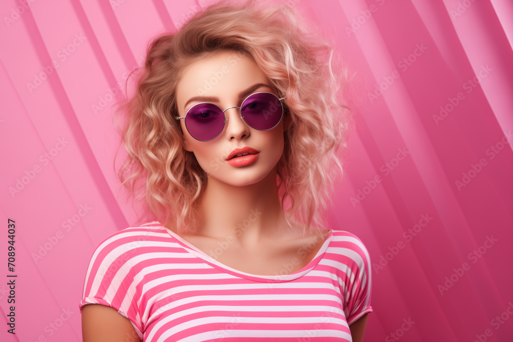portrait of a woman. Colourful portrait of a young beauty woman wearing pink striped shirt on bright pink background. dark-haired girl in elegant striped dress. Glamour girl poses over creative 