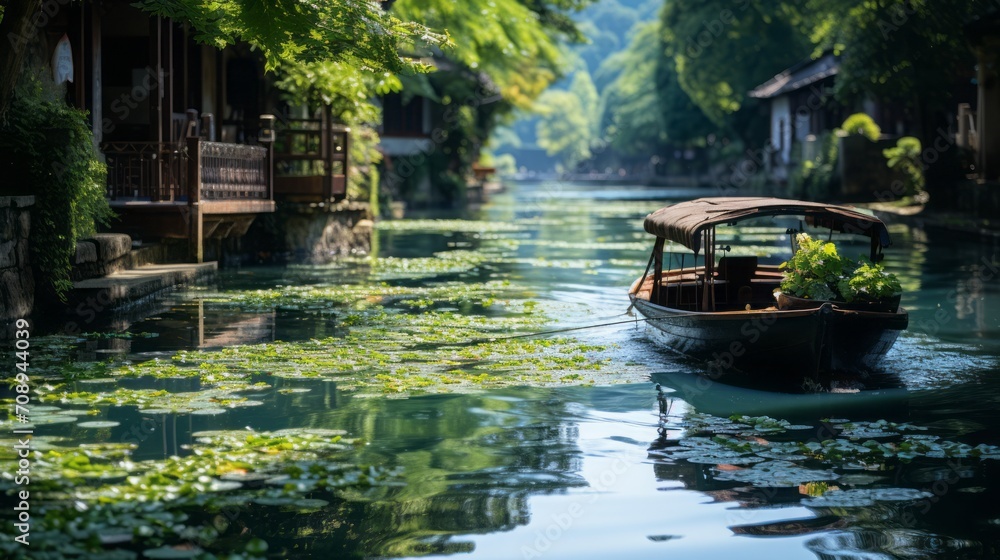 Jiangnan Ancient Town, River Water, Boats - obrazy, fototapety, plakaty 