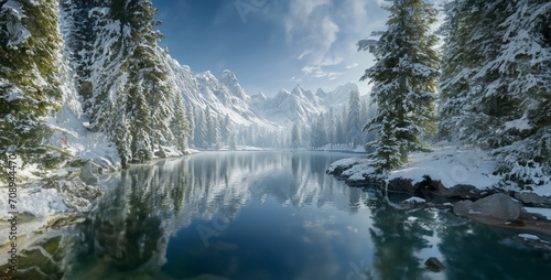 winter landscape with snow, snow covered mountains, Snow Capped Mountains with a lake And pine trees with
