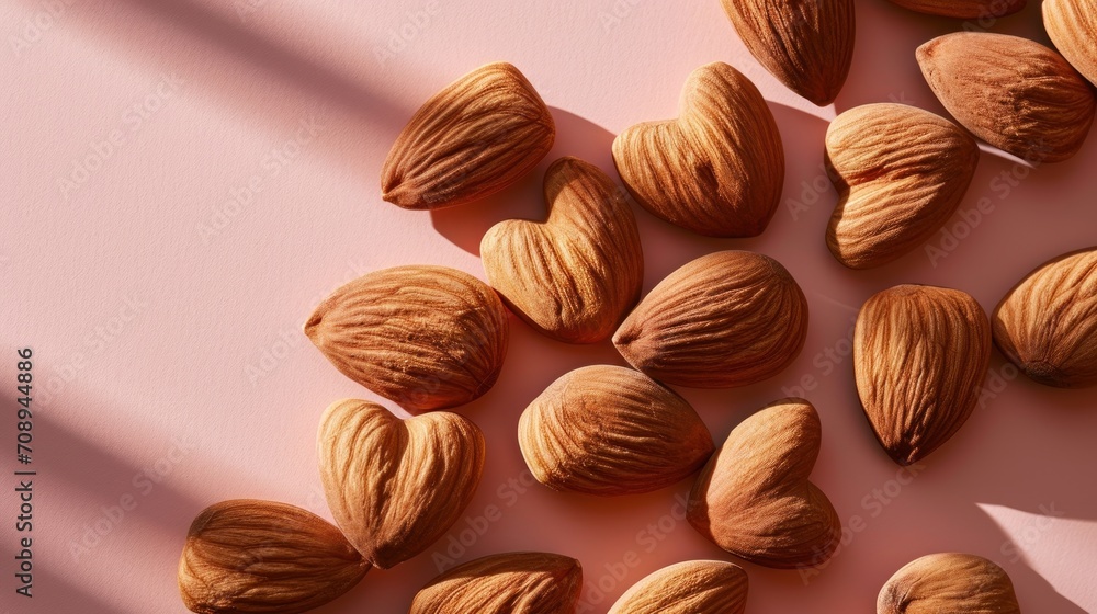 a pile of almonds sitting on top of a pink surface next to a shadow of a person's hand holding a piece of paper in front of them. a pile of almonds sitting on top of a pink surface next to a shadow of a person's hand holding a piece of paper in front of them.