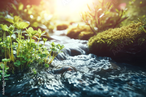 Gentle light spring illuminates slowly flowing stream, and scenery spring where young grasses and sprouts begin to grow, concept protecting nature and awakening nature #708944822