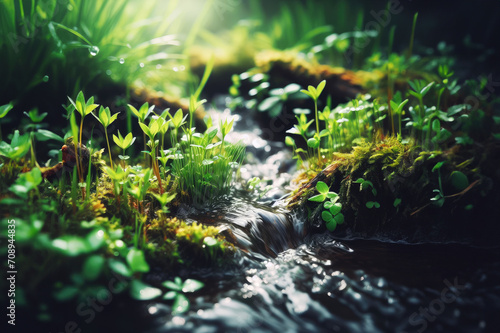 Gentle light spring illuminates slowly flowing stream, and scenery spring where young grasses and sprouts begin to grow, concept protecting nature and awakening nature