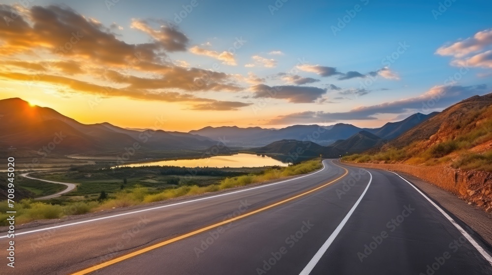 Road and mountain natural landscape at sunset