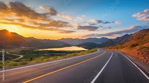 Road and mountain natural landscape at sunset