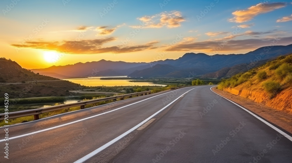 Road and mountain natural landscape at sunset