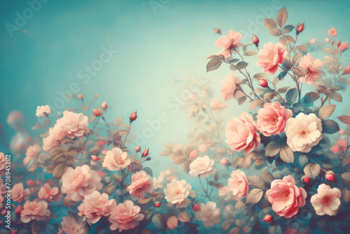 Beautiful soft pink summer roses in hazy sunshine against blue sky, image taken against a soft background, selective focus