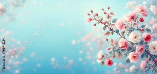 Beautiful soft pink summer roses in hazy sunshine against blue sky  image taken against a soft background  selective focus