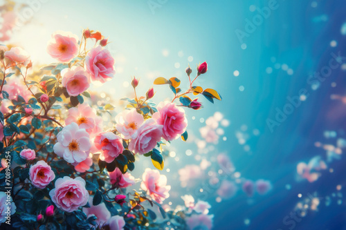 Beautiful soft pink summer roses in hazy sunshine against blue sky  image taken against a soft background  selective focus