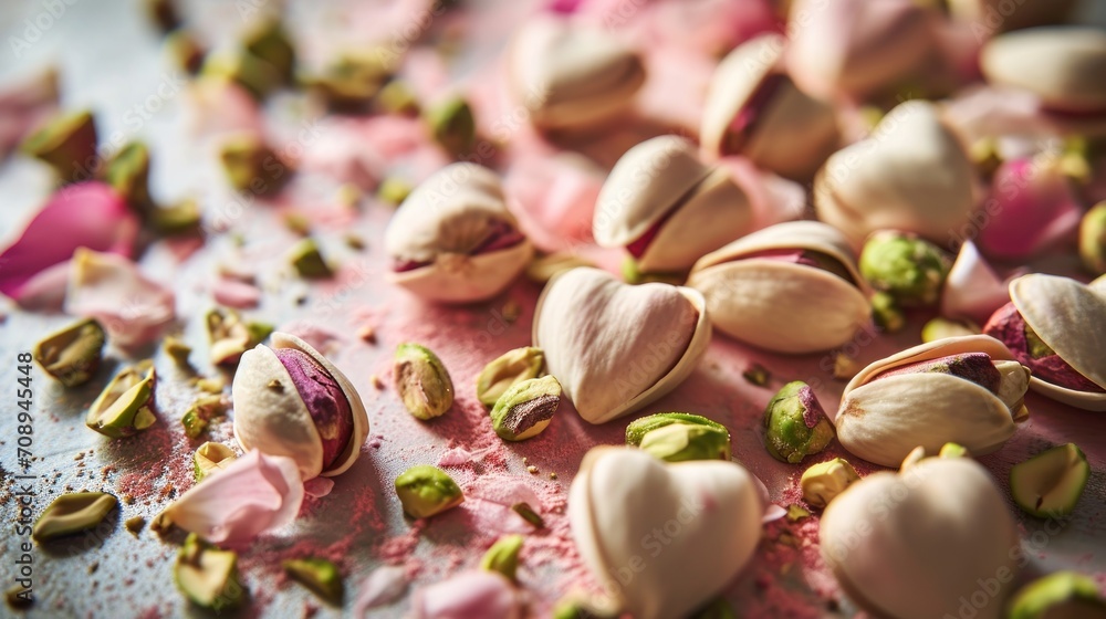  a pile of pistachios on a table with pink and green sprinkles on the top of the pistachios and on the bottom of the table.