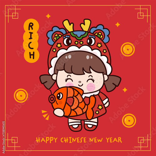 cute girl Chinese New Year Dragon holding fish greeting card. Series: Zodiac vector 2024 Wish you rich and wealth