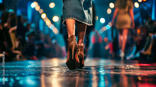 Low angle view of a model walking on a catwalk or runway. Shallow field of view. 