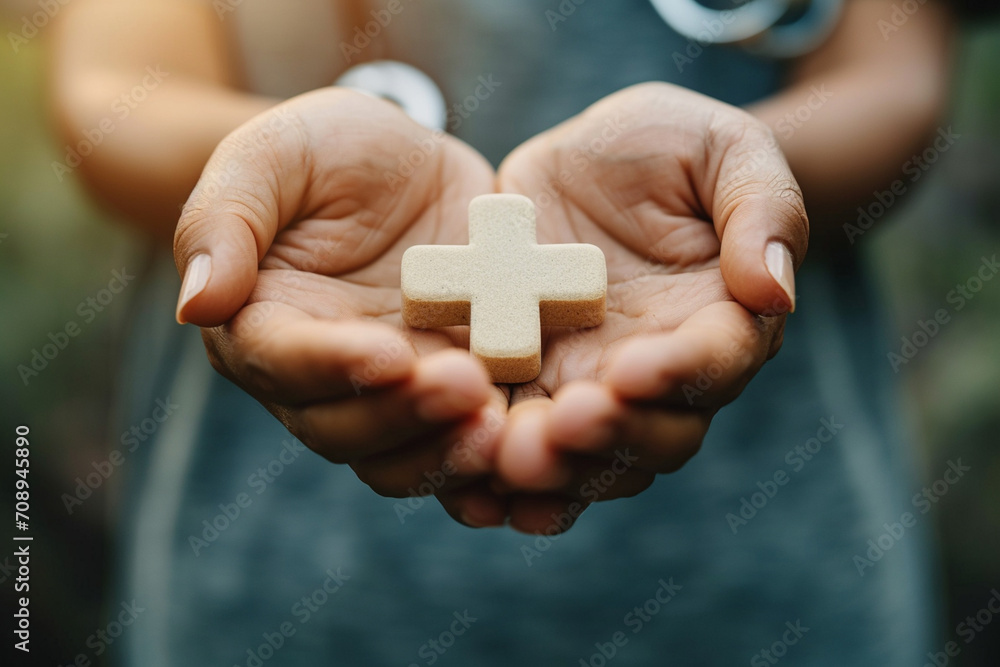 AI image: hands hold plus symbol, healthcare icon. Signifying health insurance, medical welfare, and universal access to healthcare—a fusion of technology, wellness, and inclusivity. AI image: hands hold plus symbol, healthcare icon. Signifying health insurance, medical welfare, and universal access to healthcare—a fusion of technology, wellness, and inclusivity.