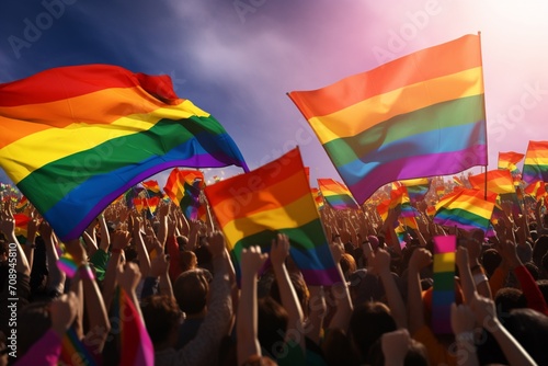 A crowd waving rainbow flags in the air, representing the LGBT community