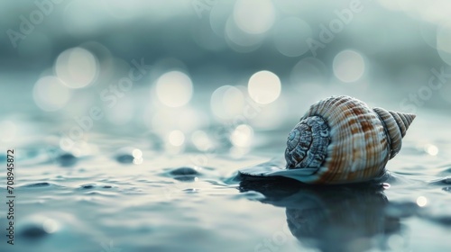  a close up of a sea shell on a body of water with a boke of light reflecting on the surface of the water and a blurry boke of the background.
