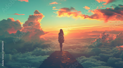 silhouette women fullbody  on dead end way high up on vast sky , fantasy dreamy color tone , concept of  deep soul 