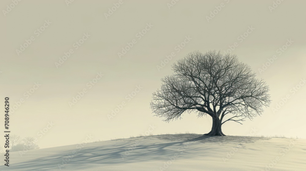  a lone tree sitting on top of a snow covered hill in the middle of a wintery day with a light dusting of snow on the top of the tree.