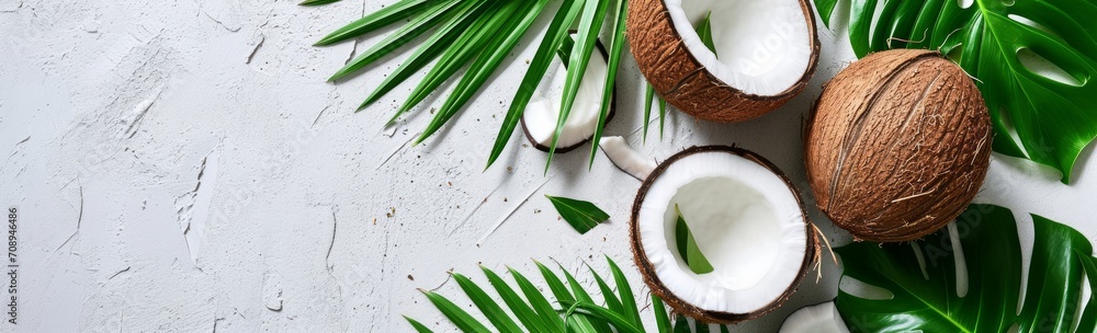 Free Copy Summer Flat lay background. Frame of tropical leaves and fresh coconut on light gray background top view copy space. Healthy cooking. Creative healthy food concept, half of coconut, nature