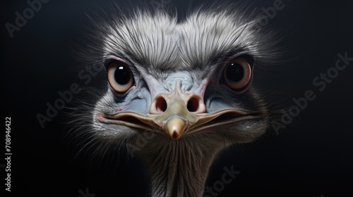  a close up of an ostrich's head with very large eyes and a long, feathery head, with a black background that appears to be dark.