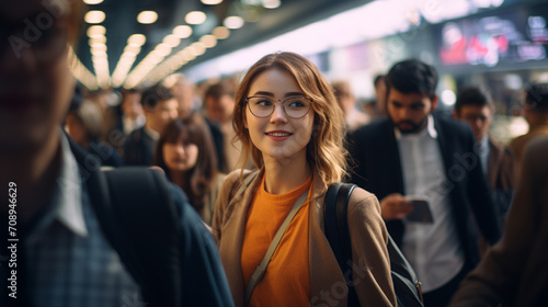 A young Asian backpacker girl with glasses walking in the busy crowd