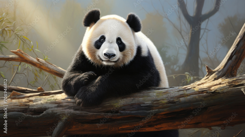  a panda bear sitting on top of a tree branch with its paws on it's chest and head resting on the branch of a fallen tree in a forest.