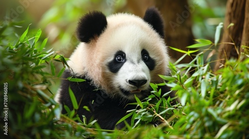  a close up of a panda bear in a field of grass and tree branches with a tree trunk in the foreground and a tree trunk in the foreground.