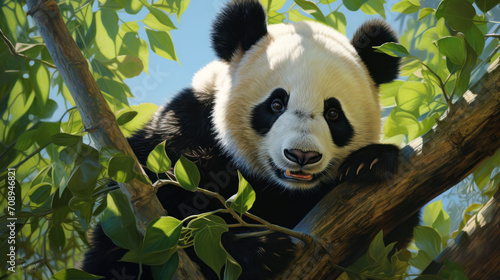  a panda bear sitting in a tree with its head on top of a branch and looking at the camera  with a blue sky in the background and green leaves.