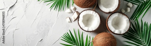 Free Copy Summer Flat lay background. Frame of tropical leaves and fresh coconut on light gray background top view copy space. Healthy cooking. Creative healthy food concept, half of coconut, nature photo