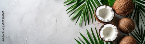 Free Copy Summer Flat lay background. Frame of tropical leaves and fresh coconut on light gray background top view copy space. Healthy cooking. Creative healthy food concept, half of coconut, nature