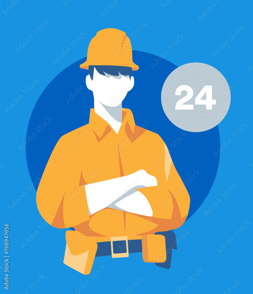 The cartoon male character who performs technical maintenance and repairs is ready to respond to the customers' call