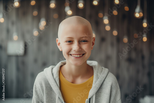 Portrait of a young boy cancer patient smiling happily.  photo