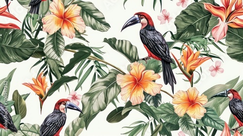  a group of birds sitting on top of a lush green leaf covered tree next to orange and pink flowers on a white wallpaper covered with tropical leaves and flowers. photo