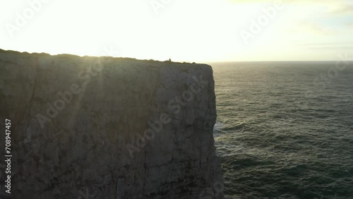 Aerial video of the cliffs at Cape St. Vincent. View of the sea of the Algarve
