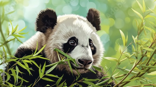  a painting of a panda eating bamboo in a field of tall green grass and looking at the camera with a sad look on his face  with a blurry background of green leaves.