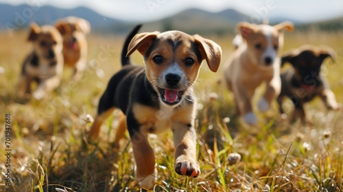  a group of puppies running in a field of grass with one dog looking at the camera and the other dog looking at the camera with its mouth open mouth.