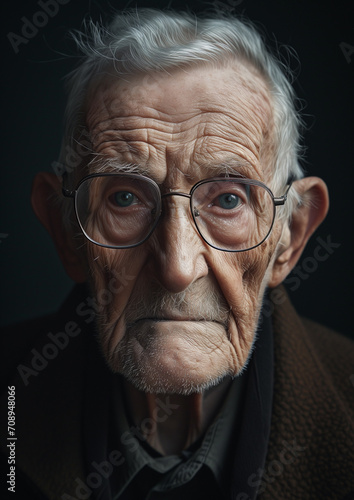 A Portrait of a Very Old Man Against a Dark Grey Background