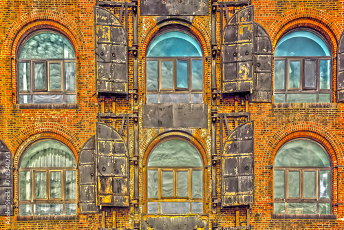 Detail of old building facade in Red hook, Brooklyn, New York, USA